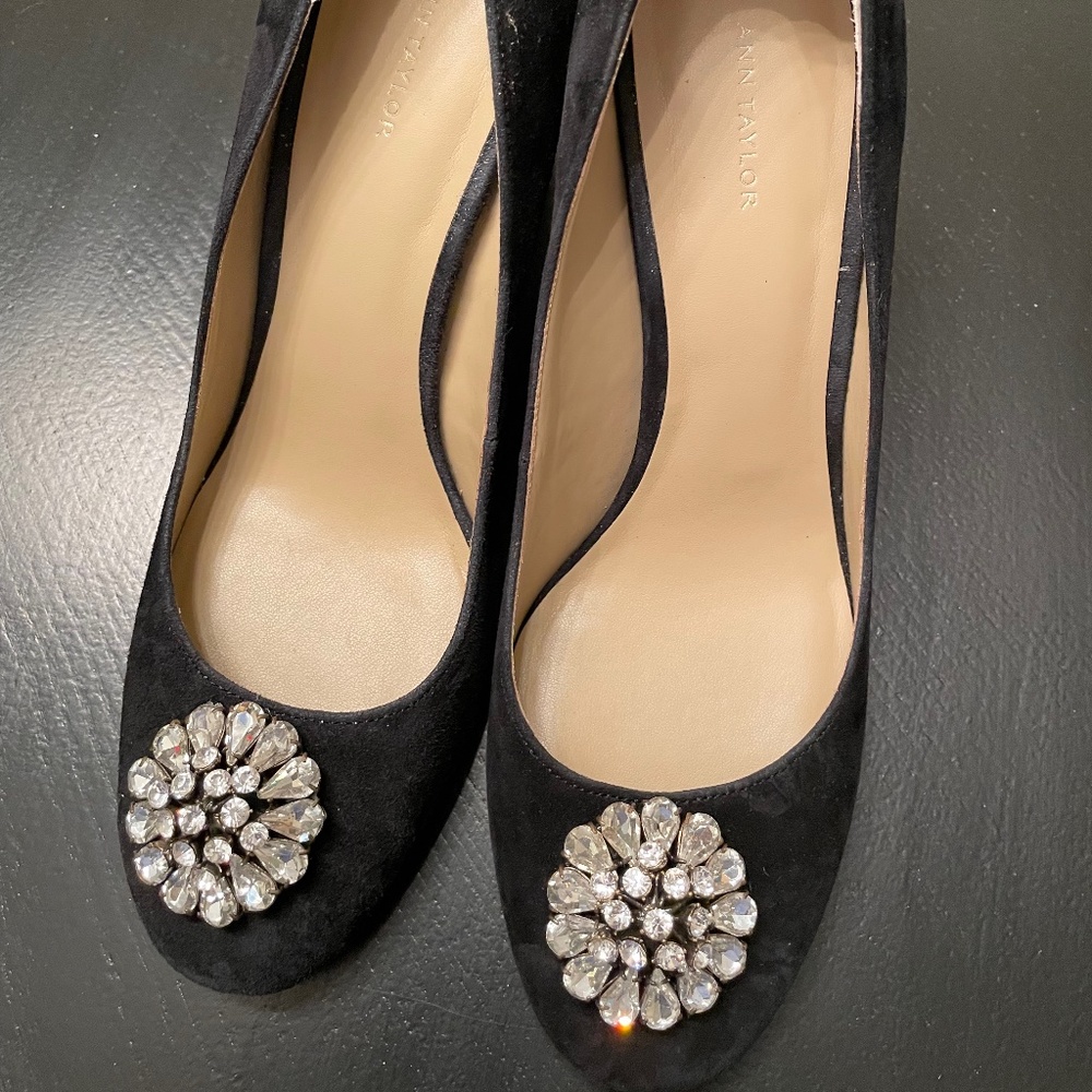 Ann Taylor Black Suede Block Heel with Crystal Detail - Size 9